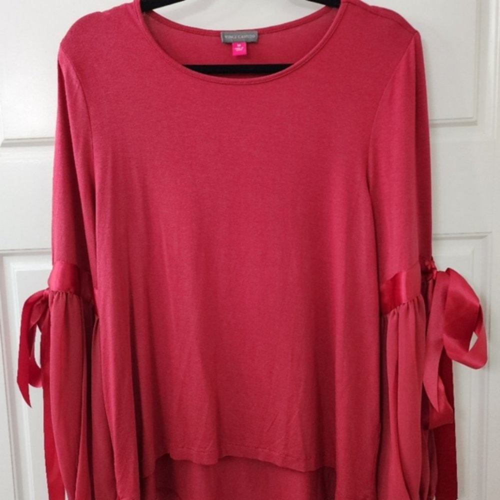 NWT Vince Camuto Deep Red Crew Neck Satin Red Bow Long Sleeve Top Size M - Picture 2 of 5